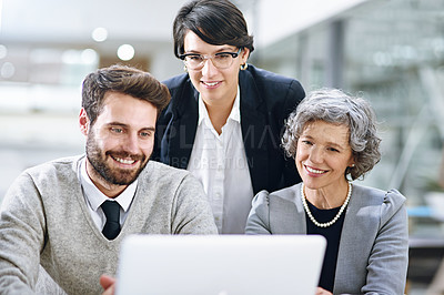 Buy stock photo Business people, teamwork and meeting with laptop for collaboration on company review or report in office. Corporate group, team and planning with smile and computer for proposal on work performance