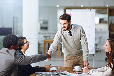 Buy stock photo Office, man and handshake with business people after presentation for hr training, coaching and ideas in meeting. Workplace, audience and speaker with thank you, company pitch and clients attention