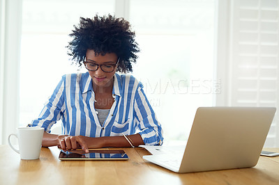 Buy stock photo Black woman, tablet and laptop to work from home with glasses for email or research on internet with digital technology. African, female person and freelance as graphic designer with information