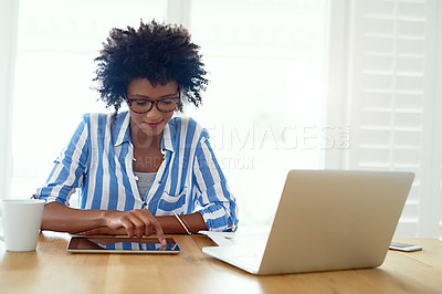 Buy stock photo Woman, technology and research at desk for blog, social media and email in apartment. African female journalist, networking and working from home for typing, newspaper article and online magazine