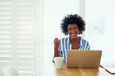 Buy stock photo Portrait, black woman and laptop in home with celebration for career success, entrepreneur and fist. African female author, tech and achievement in house with victory, happiness and best selling book