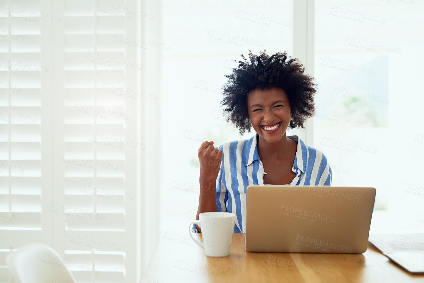 Buy stock photo Portrait, black woman and laptop in home with celebration for career success, entrepreneur and fist. African female author, tech and achievement in house with victory, happiness and best selling book