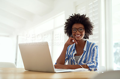 Buy stock photo Portrait, black woman and laptop in home with glasses for remote work, online business and entrepreneur. African female author, tech and eyewear in house with research for writing career and website