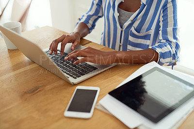 Buy stock photo Woman, technology and hands at desk for blog, social media and research in apartment. African female journalist, networking and working from home for typing, newspaper article and online magazine