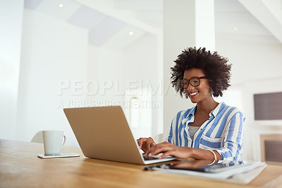 Buy stock photo Happy woman, laptop and work from home for blog, social media and research at desk. African female journalist, technology and typing for networking, newspaper article and online magazine in house