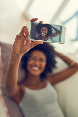 Buy stock photo Woman, happy and relax with selfie on sofa for good mood, social media post or internet blog. Technology, female person and smile with confidence in home for online sharing, connectivity and beauty