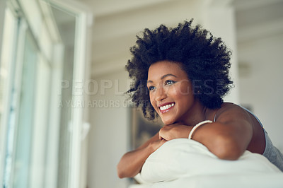 Buy stock photo Black woman, relax and thinking on sofa in home with happiness and ideas for future. Remember, memory and girl with a smile in calm morning in living room of apartment with inspiration or positivity