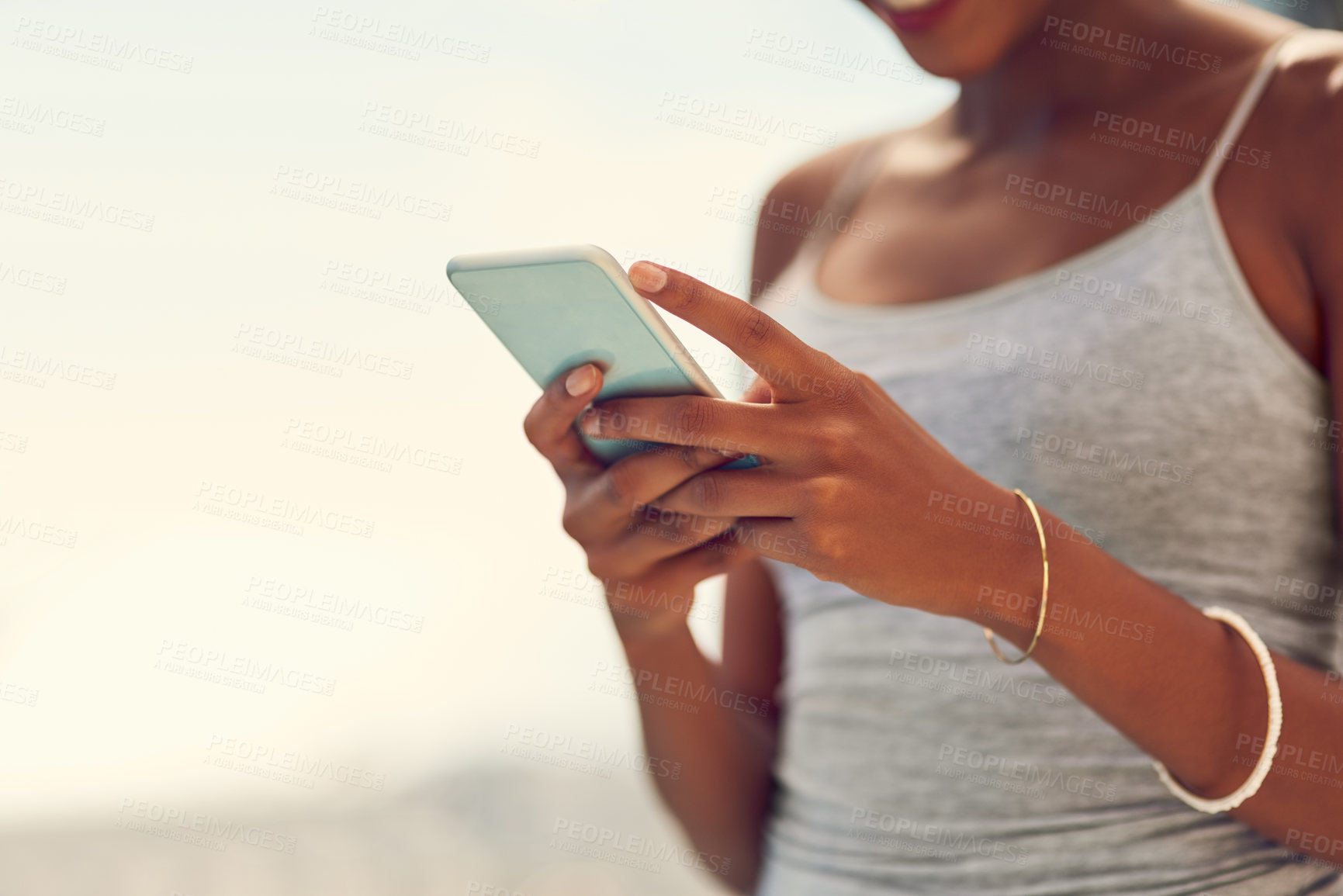 Buy stock photo Woman, typing and outdoor with smartphone replying to text for communication, social media post or internet blog. Technology, female person and outside with mobile for online sharing and connectivity