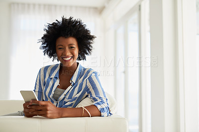 Buy stock photo Woman, home and sofa for portrait with smartphone, technology and communication or texting and typing. Social media, connectivity and relax in living room, web search and information on internet