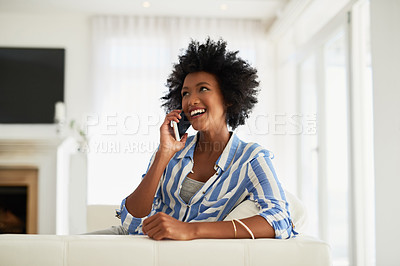 Buy stock photo Phone call, black woman and cellphone on couch, home and relax for calm in living room. Communication, talk and chat in lounge, virtual and digital conversation or gossip on mobile for female person