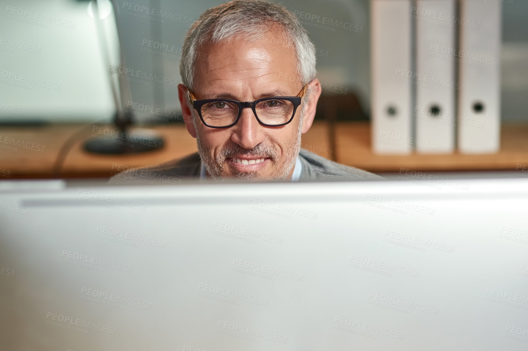 Buy stock photo Mature man, computer and portrait in office, CEO planning and check email at desk for project. Person, entrepreneur and owner of finance firm at work, accounting app and website for economy update