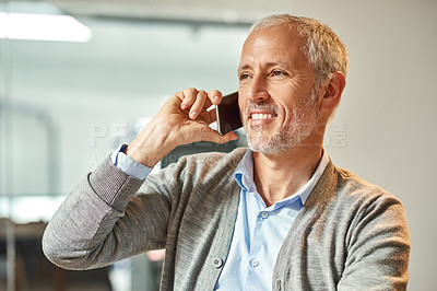 Buy stock photo Mature man, phone call and planning at desk for deal, talking and b2b consultation for business. Male person, speaking and hr manager for career opportunity, contact and remote interview on app