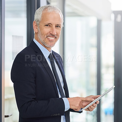 Buy stock photo Mature man, tablet and portrait in workplace, CEO planning and check email for communication. Person, entrepreneur and owner of finance firm in office, accounting app and website for economy update