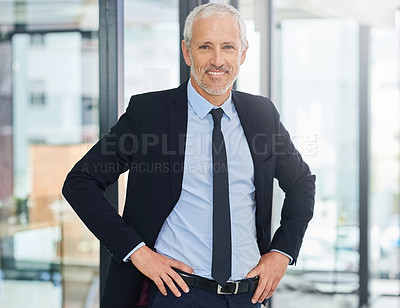 Buy stock photo Mature, businessman and portrait of ceo in office with confidence as boss in corporate investment company, Professional, entrepreneur and expert financial advisor in asset management workplace
