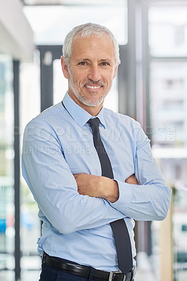 Buy stock photo Portrait of a smiling mature executive standing with his arms crossed in an office
