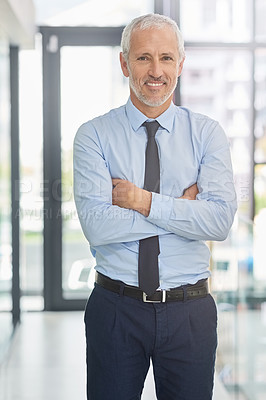 Buy stock photo Mature, businessman and portrait of financial advisor in office with confidence as leader of investment company, Professional, entrepreneur and accounting expert in England for asset management