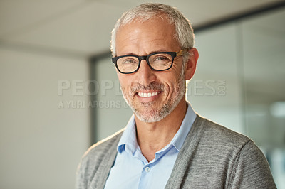 Buy stock photo Portrait of a smiling mature businessman standing in his office