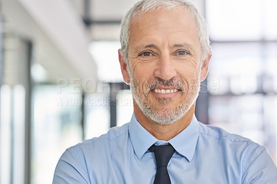 Buy stock photo Mature, businessman and portrait of financial advisor in office with happiness in investment company, Professional, entrepreneur and England accounting expert for taxes, wealth or asset management