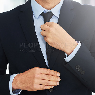 Buy stock photo Businessman, fixing tie and suit on for fashion, professional clothes or stylish employee with confidence. Closeup, male person and corporate wear for executive, attorney or lawyer job interview