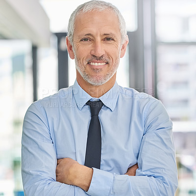 Buy stock photo Mature, businessman and portrait of financial advisor in office with happiness in investment company, Professional, entrepreneur and England accounting expert for taxes, wealth or asset management