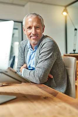 Buy stock photo Mature man, portrait and confident at desk, CEO and laptop to check email in office. Person, entrepreneur and owner of finance firm at workplace, accounting app and web for economy inflation update