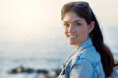 Buy stock photo Portrait of a beautiful young woman on the beach