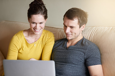 Buy stock photo Couple, relax and laptop on sofa with love or bonding for romance with streaming videos, comedy shows and online. Man, woman and together in home with digital technology for movies and happiness.