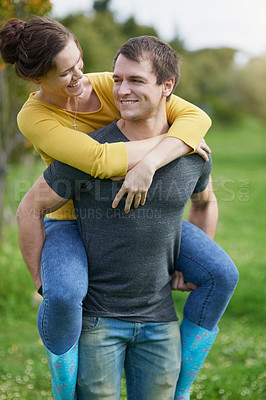 Buy stock photo Happy couple, love and piggyback in nature for connection, trust and marriage in garden for holiday. Man, woman and fun outdoor for vacation, adventure and smile for anniversary date in park