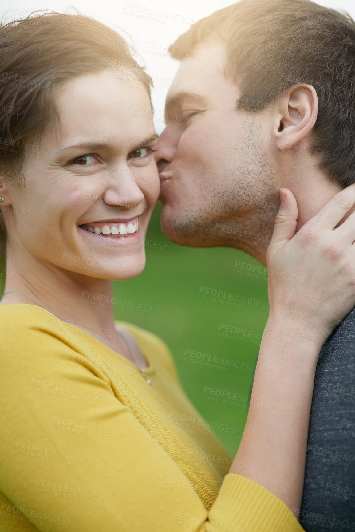 Buy stock photo Love, kiss and portrait of couple in nature for outdoor countryside vacation, getaway or holiday together. Romance, smile and young man and woman on date for bonding on weekend trip in Australia.