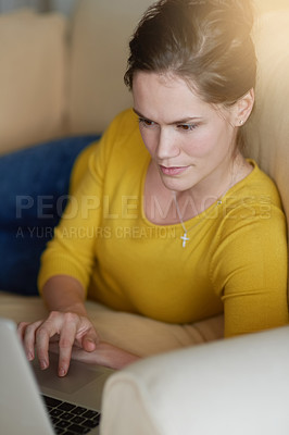 Buy stock photo Laptop, relax and woman on sofa in home on internet, blog or reading email for news. Website, computer and girl in lounge online for social media, networking or streaming show in house living room