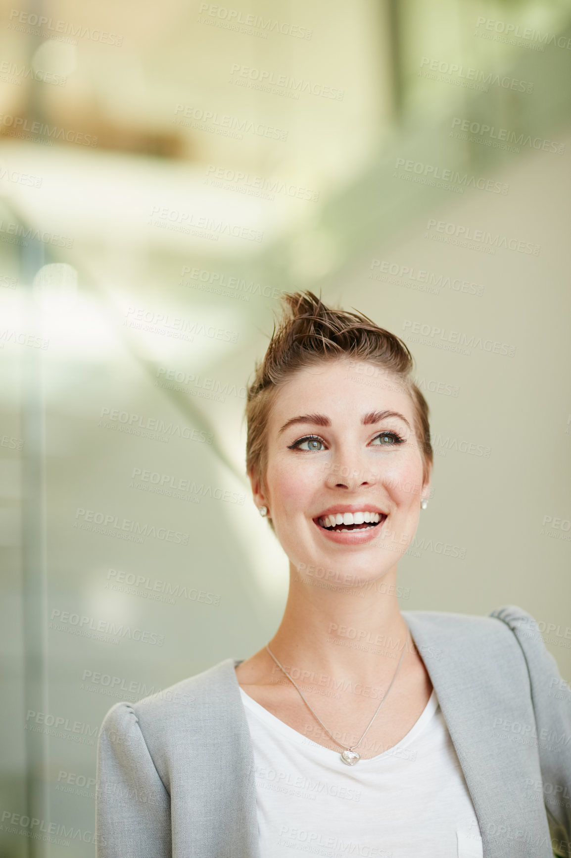 Buy stock photo Happy, businesswoman and thinking in office with confidence, public relations career or employment. Space, person or publicist in agency with reflection for PR job, brand management or contemplation.