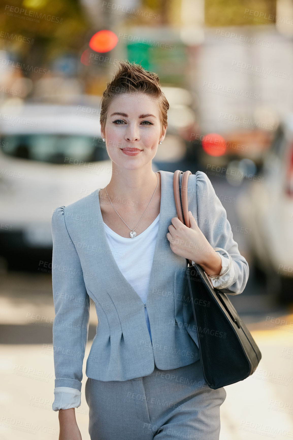 Buy stock photo Portrait, businesswoman and walking in city with bag for morning commute, finance career and employment. Female person, travel and outdoor in urban town with purse, accounting job and corporate work.