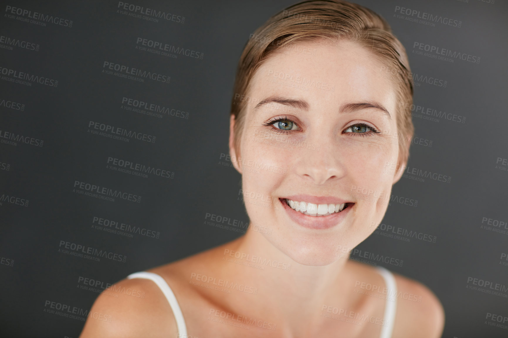 Buy stock photo Happy woman, portrait and beauty with skincare in studio for organic facial on a gray background. Face, female person or model with smile for natural glow up, health or personal hygiene on space