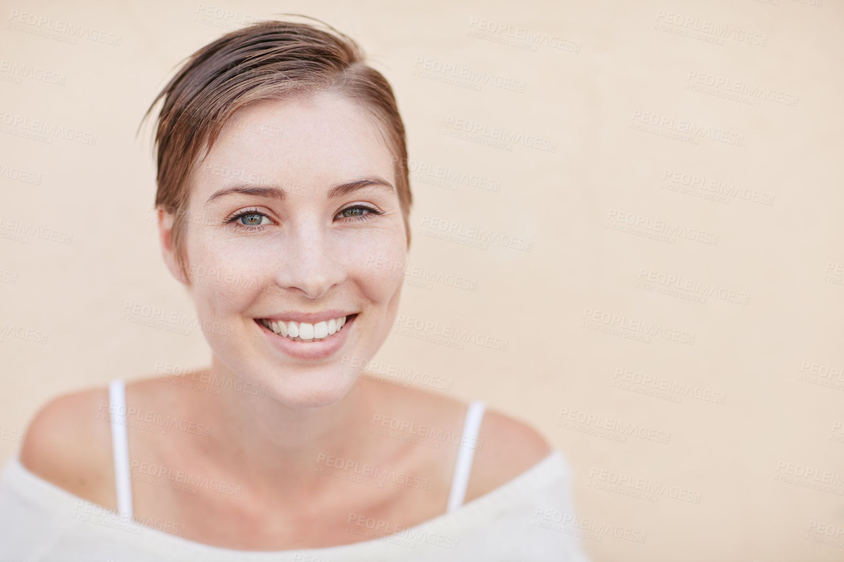 Buy stock photo Portrait of a smiling young woman alone at home