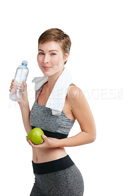Buy stock photo Fitness, apple and woman with water bottle in studio portrait for diet, clean body and health marketing mockup background. Portrait, fruit and gym model with diet wellness, healthy food and nutrition