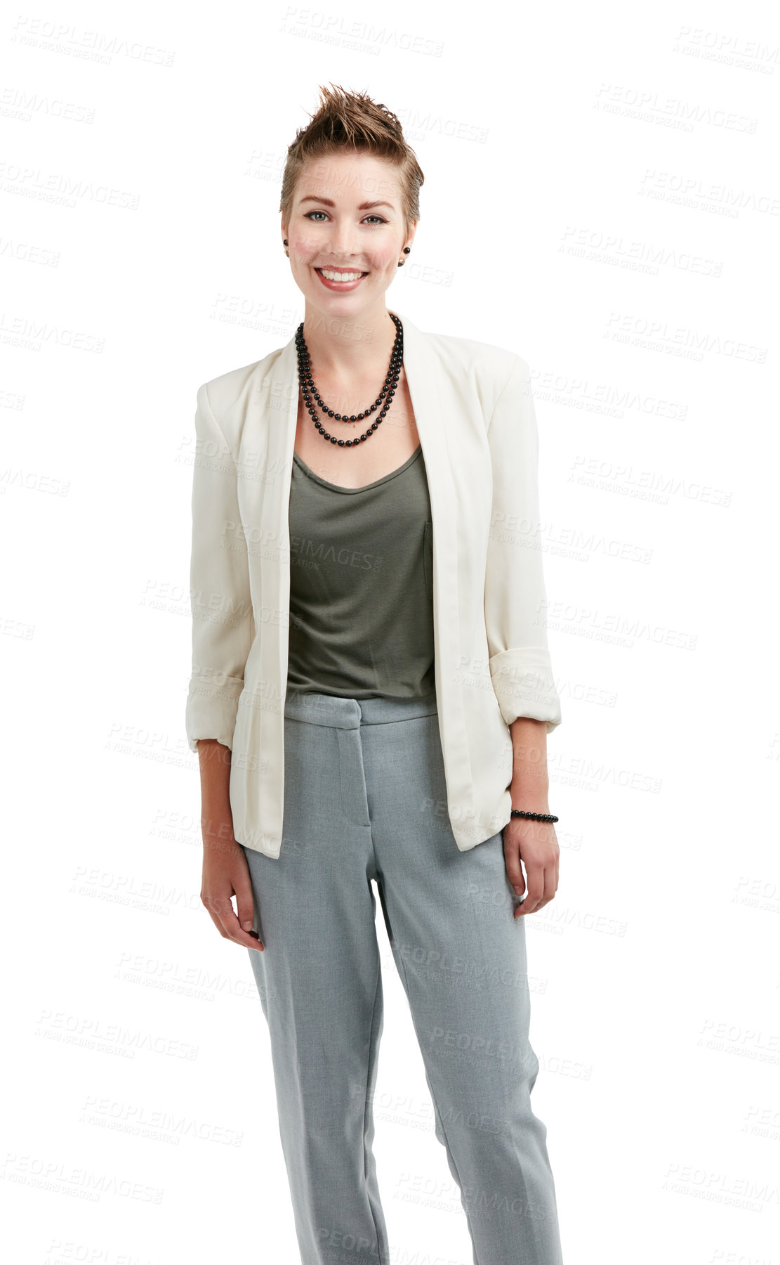 Buy stock photo Fashion, portrait or designer in studio with smile, pride or job goals as clothing specialist. Happy, stylist or woman on white background with confidence, career or experience in creative industry.