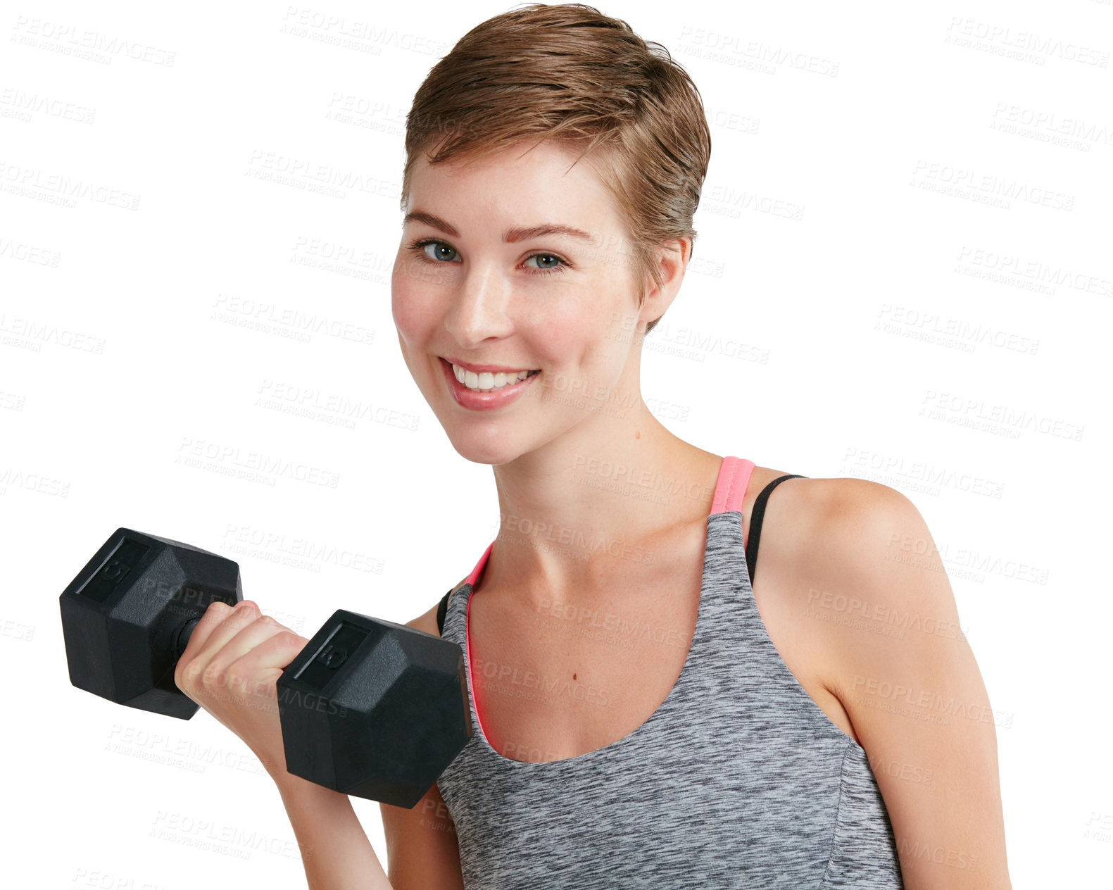 Buy stock photo Studio portrait of a fit young woman working out with dumbbells against a white background