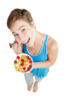 Buy stock photo Portrait, breakfast and food with a woman in studio isolated on a white background for health from above. Diet, muesli and overhead with an attractive young female eating healthy for nutrition