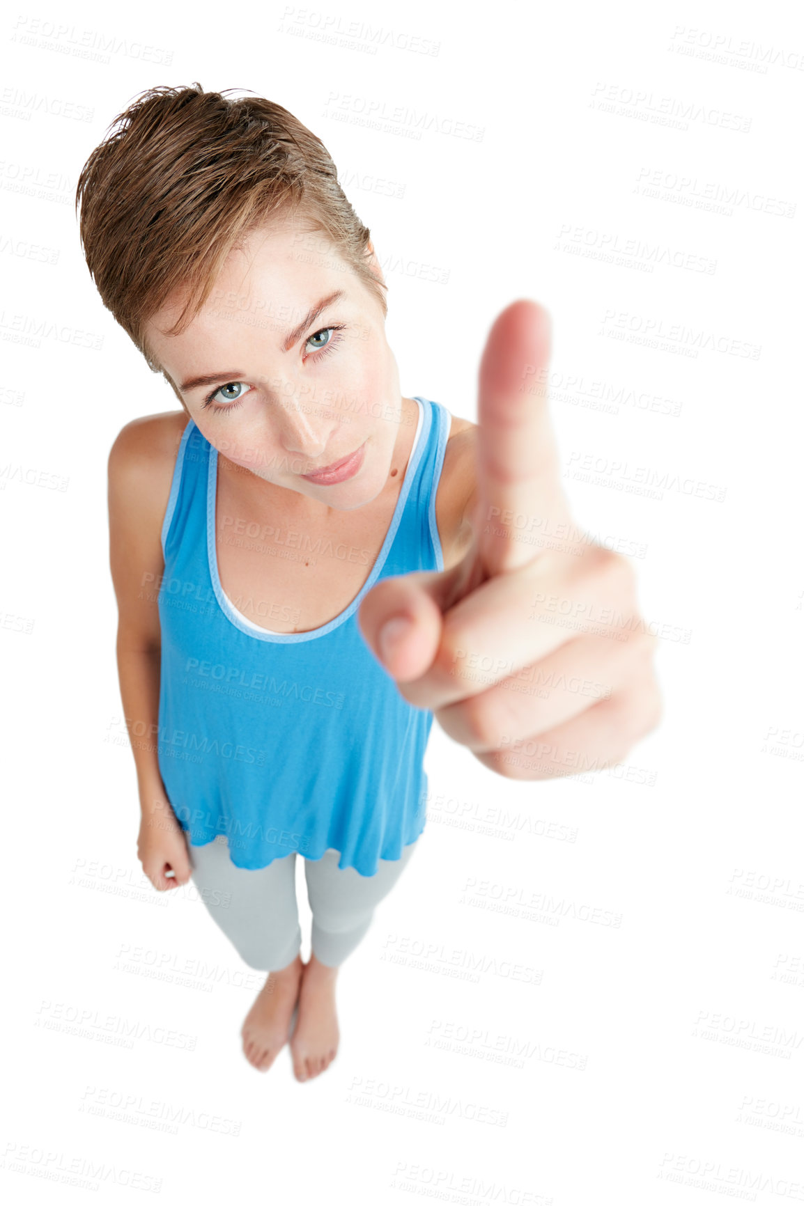 Buy stock photo Portrait, top view and woman pointing to space, angry and lady isolated on white studio background. Face, female and girl with gesture for blame, upset and nagging with problems, frustrated and bossy