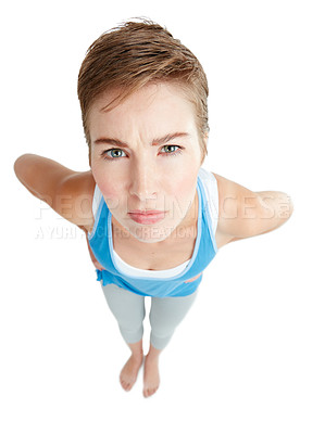 Buy stock photo Top view, angry and portrait of confused woman on white background with attitude, hands on hip and anger. Body language, mockup space and face of upset, annoyed and frustrated girl isolated in studio