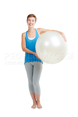 Buy stock photo Portrait, workout and woman with fitness ball for wellness and health isolated against a studio white background. Exercise, training and fit happy female ready for healthy body and lifestyle