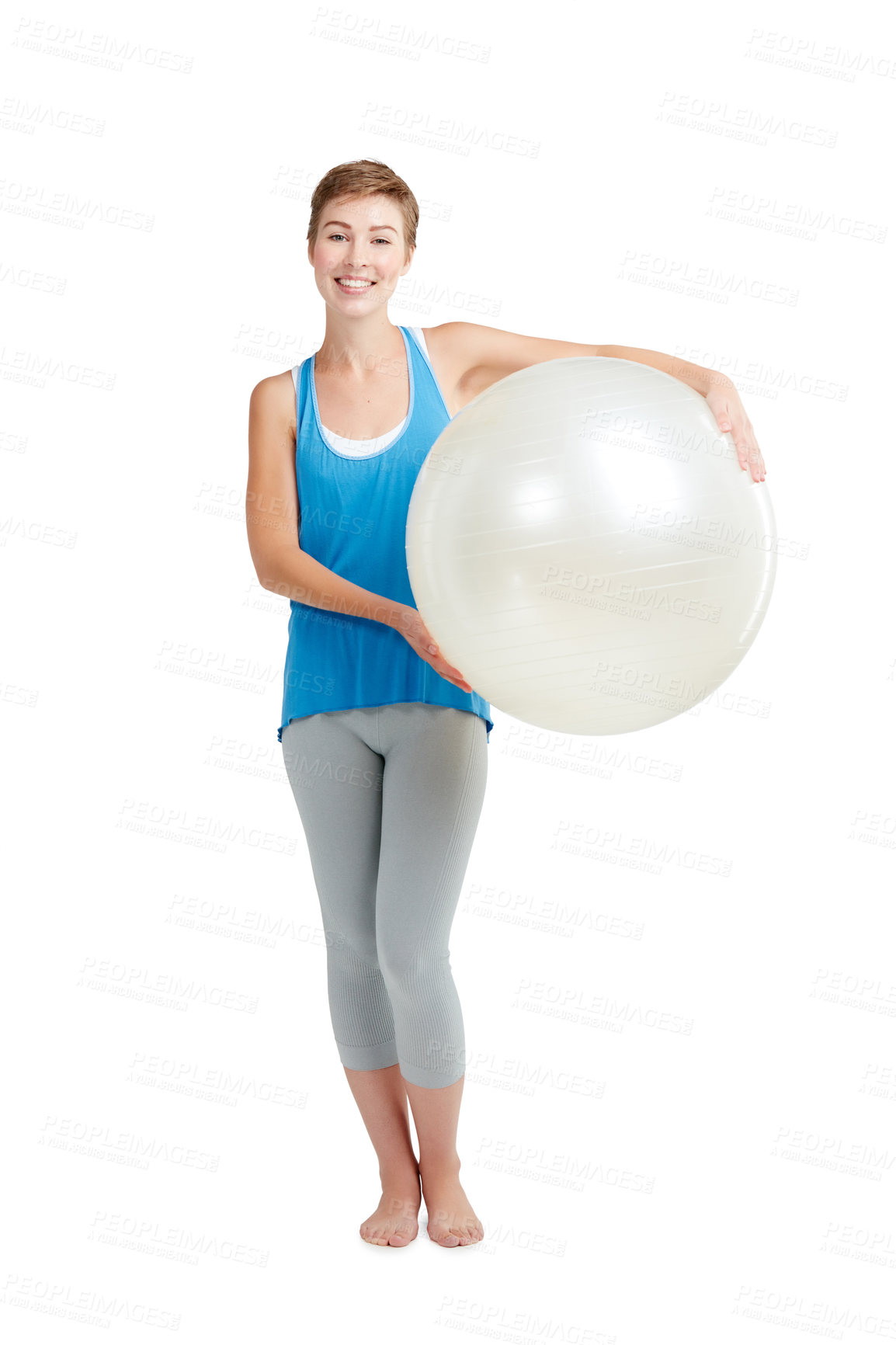 Buy stock photo Portrait, workout and woman with fitness ball for wellness and health isolated against a studio white background. Exercise, training and fit happy female ready for healthy body and lifestyle