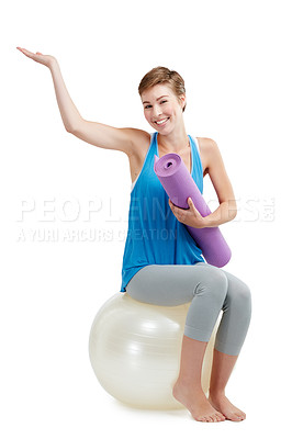 Buy stock photo Fitness, palm and woman isolated on a white background, balance ball and product placement mockup. Happy pilates, exercise or workout person with yoga sports portrait and hand advertising in studio