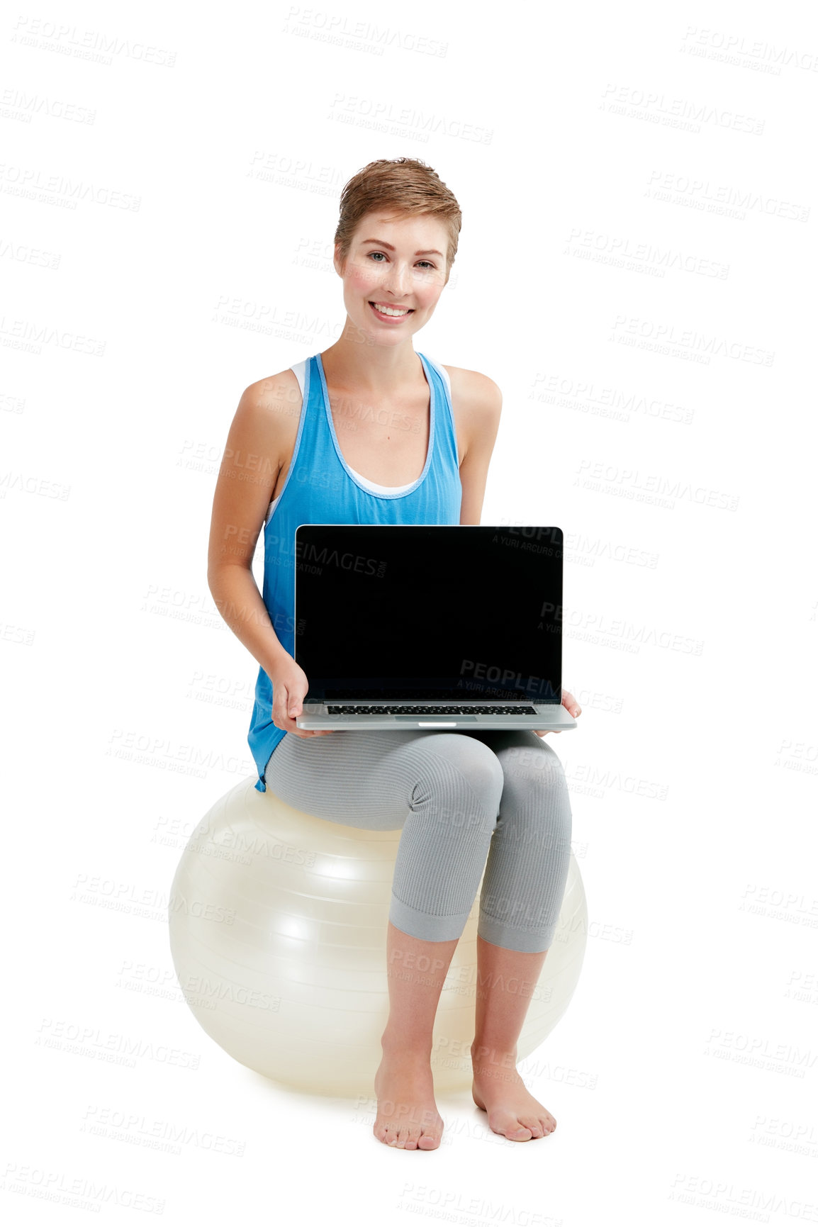 Buy stock photo Laptop mockup, fitness and woman isolated on a white background sitting on balance ball and pc screen. Happy model or person with computer mock up space for advertising or product placement in studio