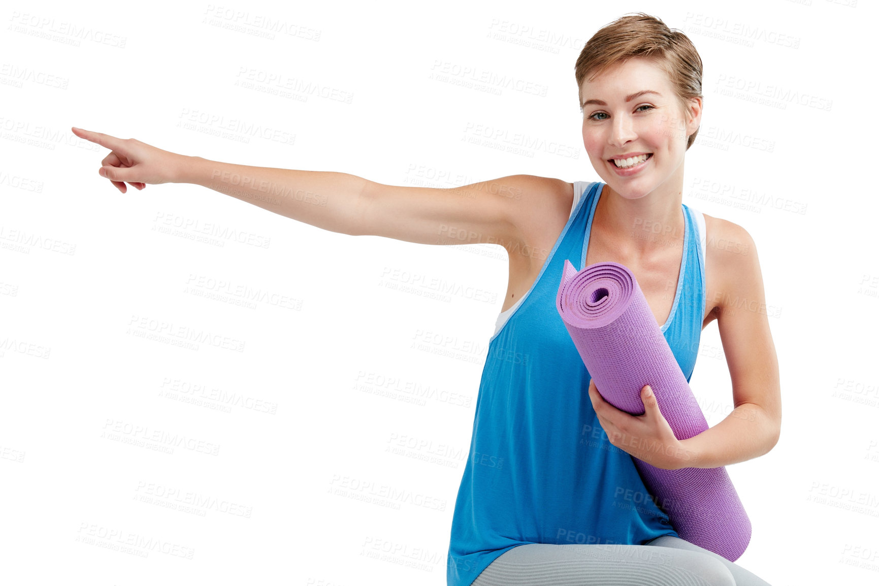 Buy stock photo Yoga, pointing and woman isolated on a white background with training gear for product placement on mockup. Happy fitness, exercise or workout person in pilates, sports portrait show space in studio