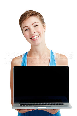 Buy stock photo Laptop mockup, portrait and woman isolated on a white background with technology screen for product placement. Happy young model or person face with computer screen mock up for advertising in studio