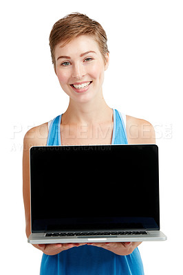 Buy stock photo Blank laptop, portrait and woman isolated on a white background with mockup space for product placement. Happy young model or person face with computer screen or mock up for advertising in a studio