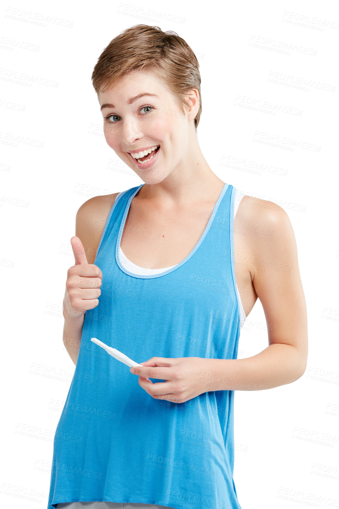 Buy stock photo Portrait, thumbs up and pregnancy test with a woman in studio isolated on a white background for prenatal health. Pregnant, positive and emoji with an attractive young mother to be on blank space
