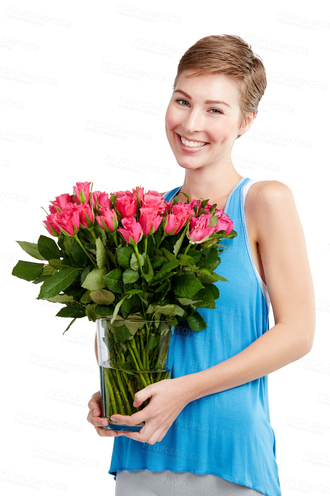 Buy stock photo Woman, smile and roses in portrait, happy with Valentines day gift and love, nature isolated on white background. Face, beauty and romance with celebrate holiday or anniversary with flowers in studio