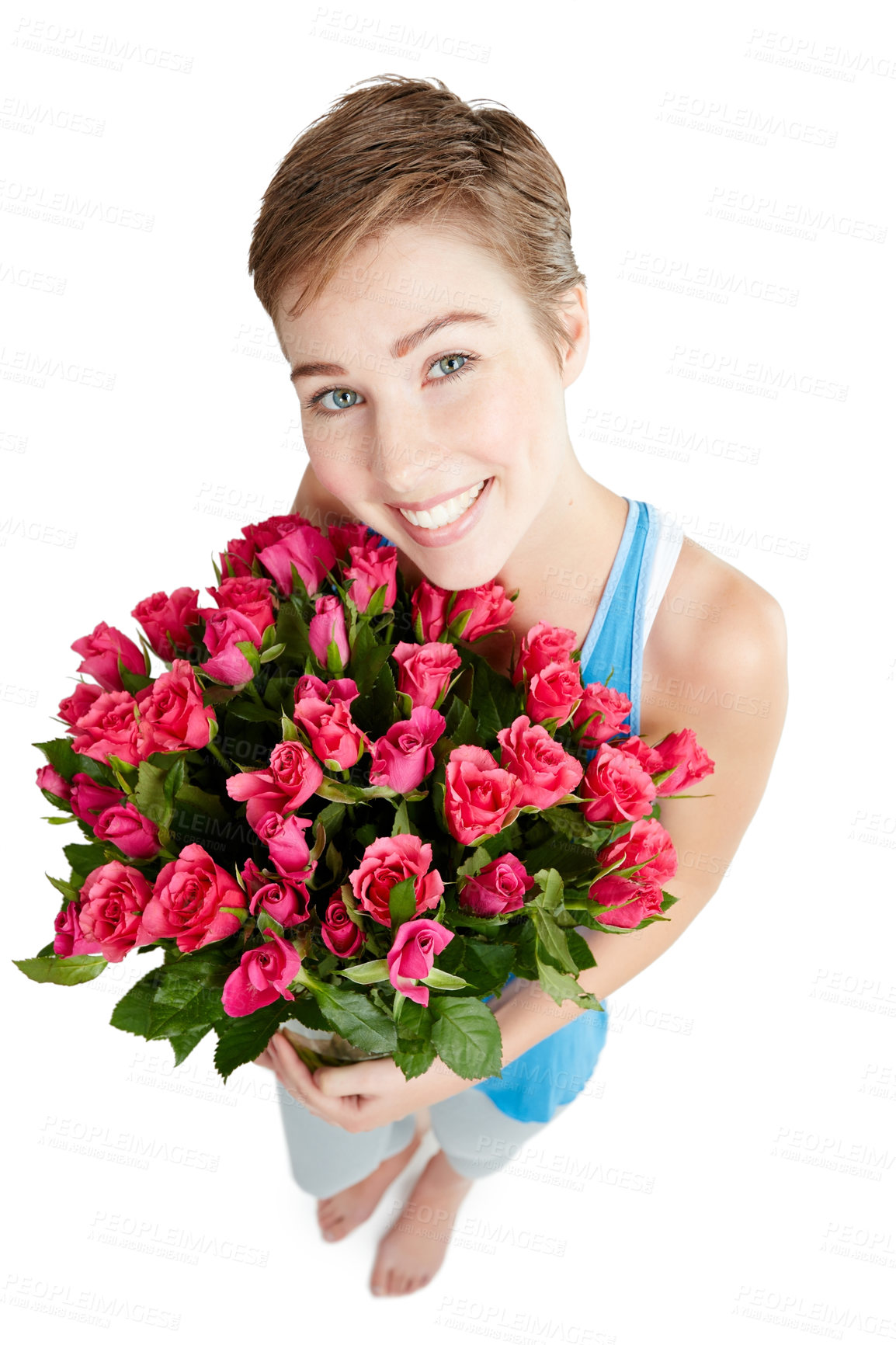 Buy stock photo Woman, smile and rose bouquet in portrait, Valentines day gift and love, nature isolated on white background. Face, beauty and happy person, romance and celebrate holiday or anniversary in studio